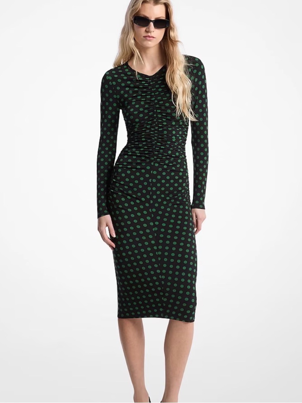 Michael Michael Kors Polka Dot Stretch Matte Jersey Ruched Midi Dress
